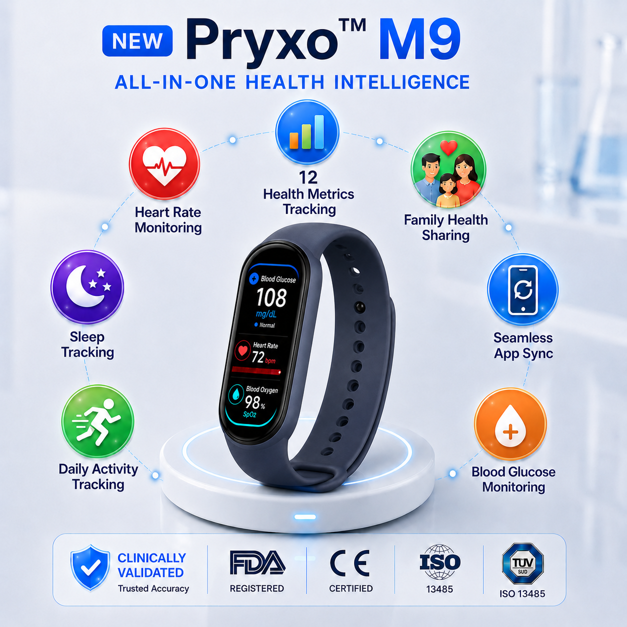 🔥80% OFF Launch Offer 🏆 2026 Pryxo™ M9 Non-Invasive Smart Band 📈12 health reports - No-Prick